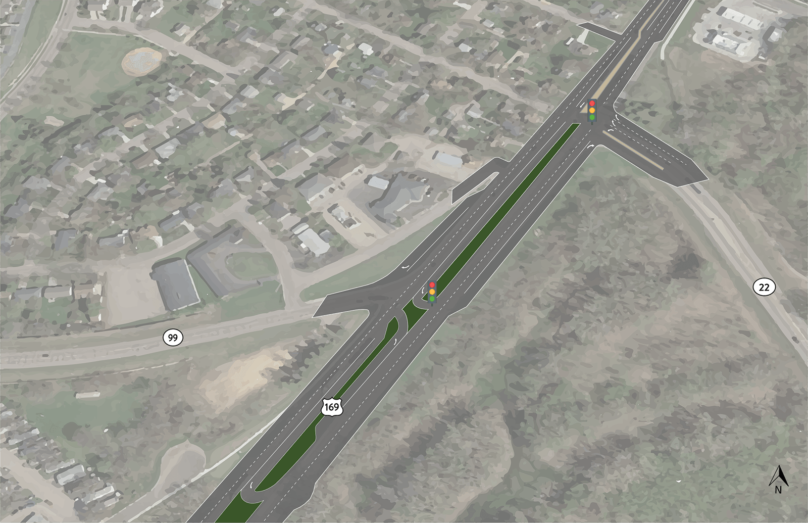 Illustration showing Concept C Build Alternative for Hwy 169, Hwy 22 and Hwy 99 in St. Peter, MN. Image shows the installation of RCUTs south of the Hwy 169/22 and Hwy 169/99 intersections to accommodate left turning movements.