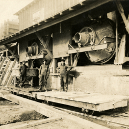 Construction workers at the concrete plant