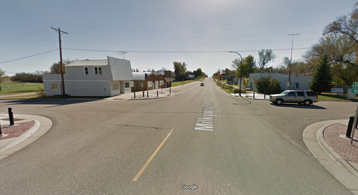 Highway 4 in Cosmos, MN after construction, showing curb extensions and lane adjustment