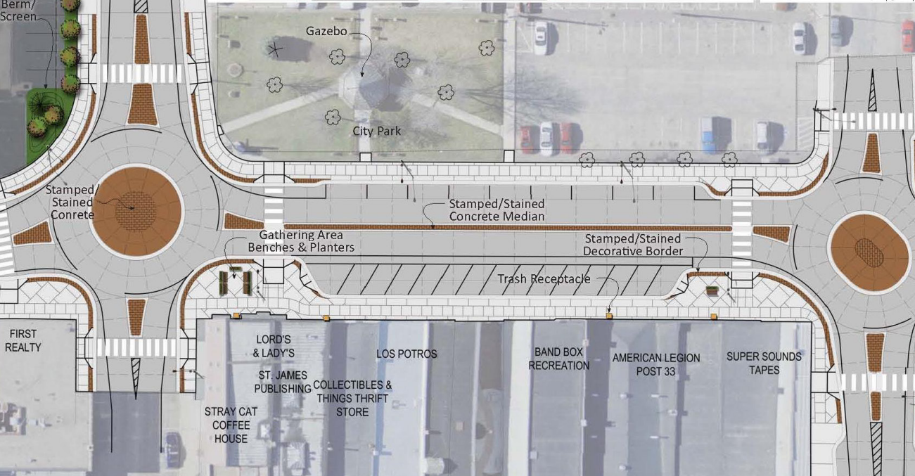 Plan view rendering of Hwy 4 in St. James, showing mini-roundabouts, lane adjustment, back-in angle parking and improved sidewalks