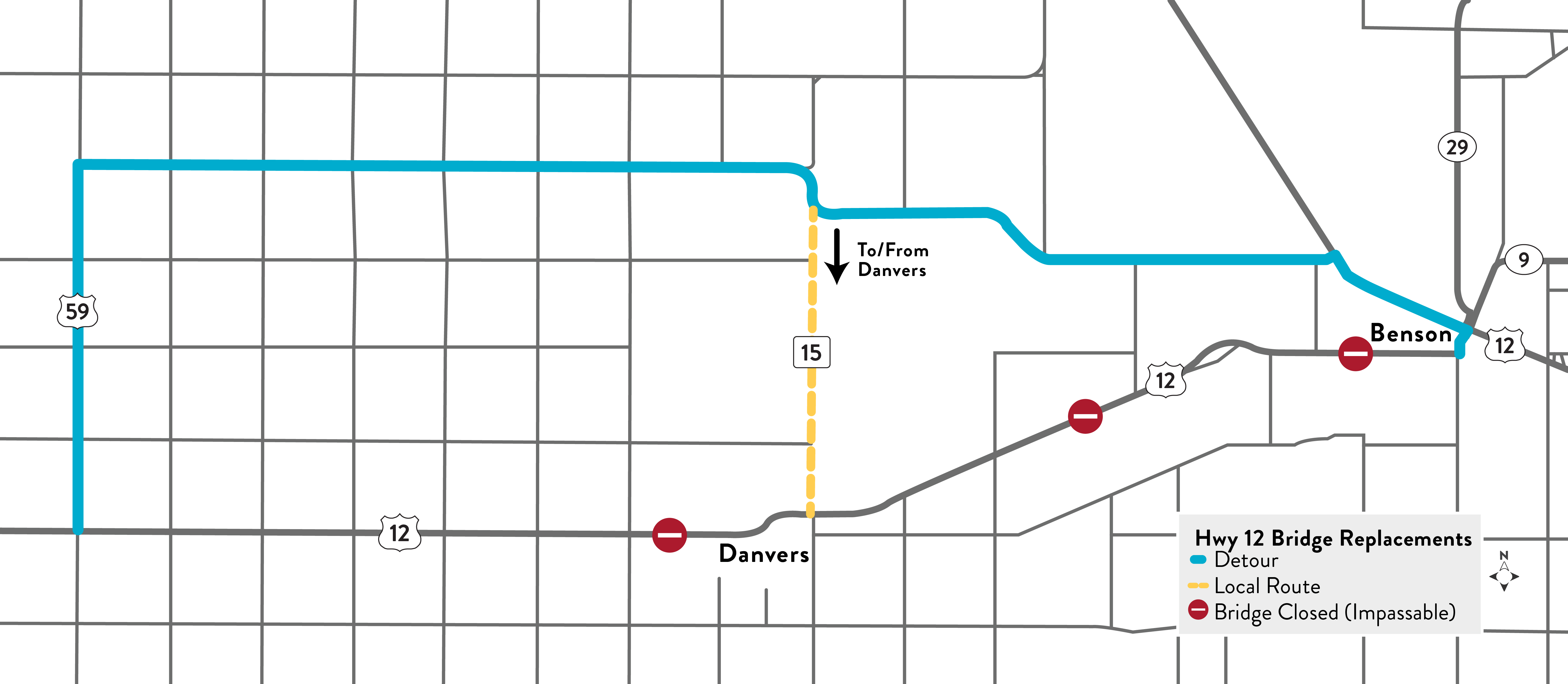 Detour map for the Highway 12 bridge replacements. Detour follows Hwy 59, CR 22, Hwy 9