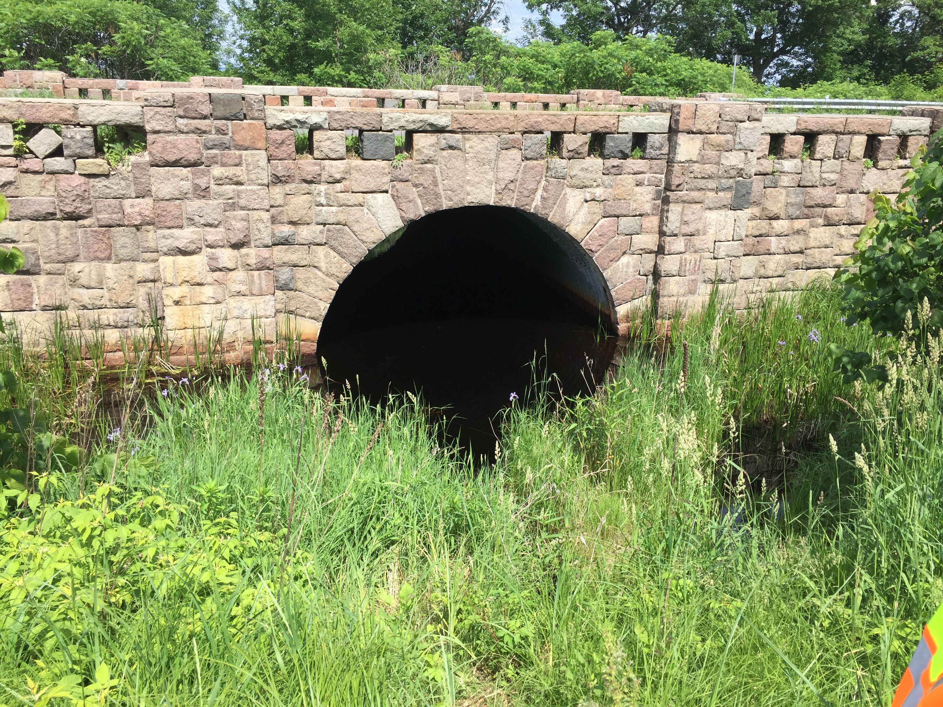 Preconstruction photo of the stone wall and arch on the west face of the bridge prior to work beginning in June 2018.